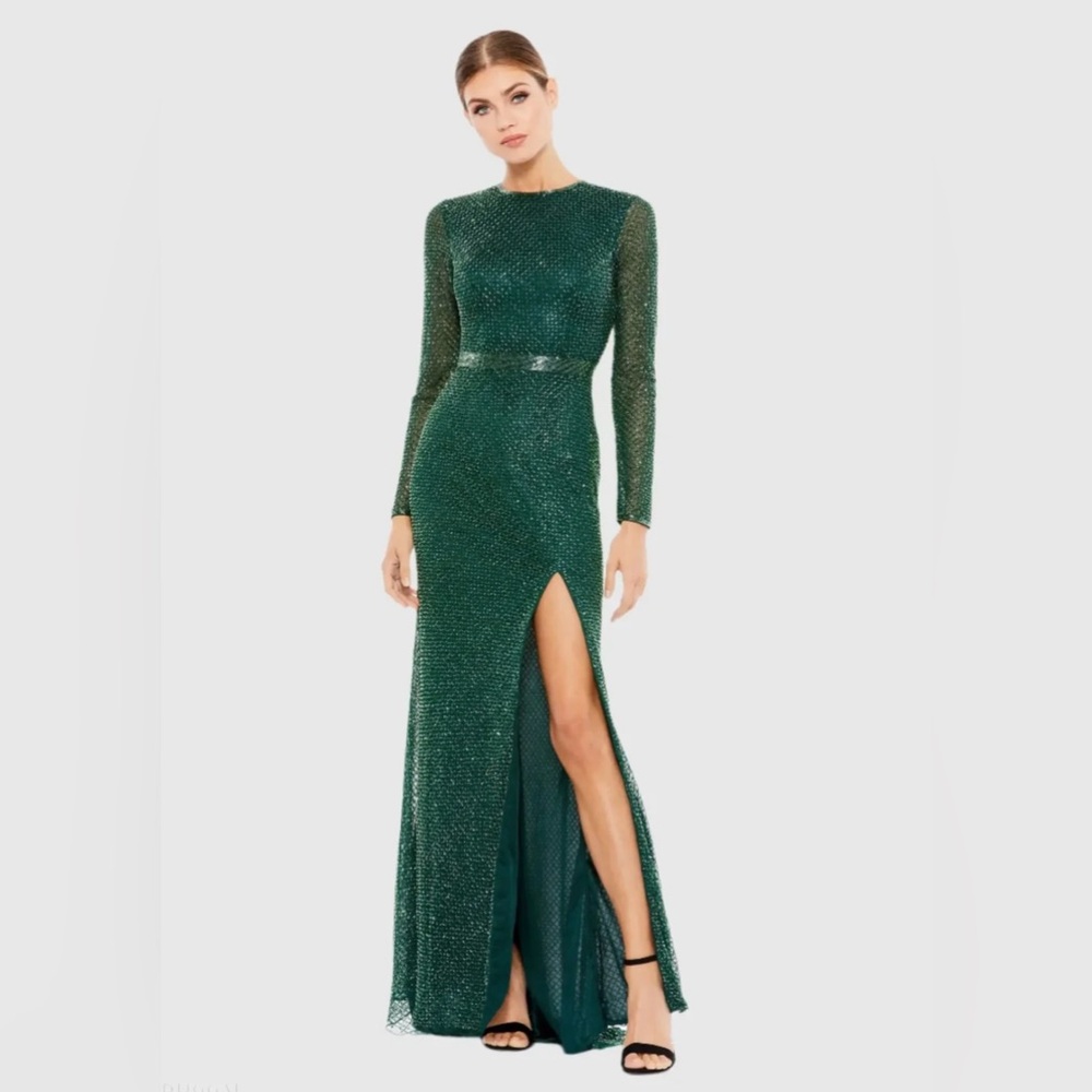 Mac Duggal Green Beaded High Neck Long Sleeve Gown
